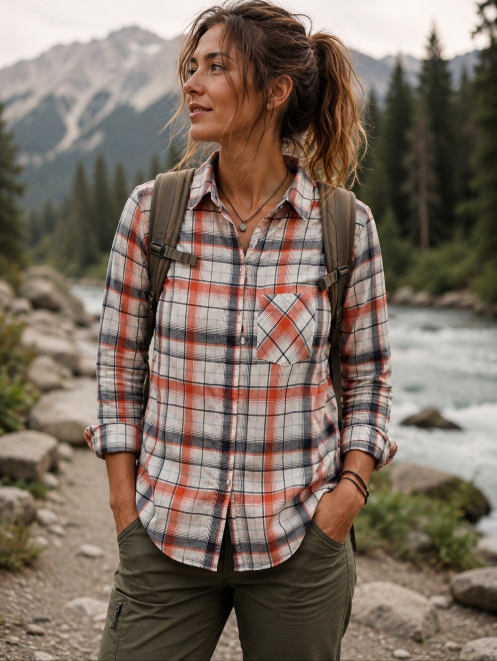 KUHL Hadley Shirt Womens Small White Orange Plaid Tencel Gorpcore Outdoor Hike